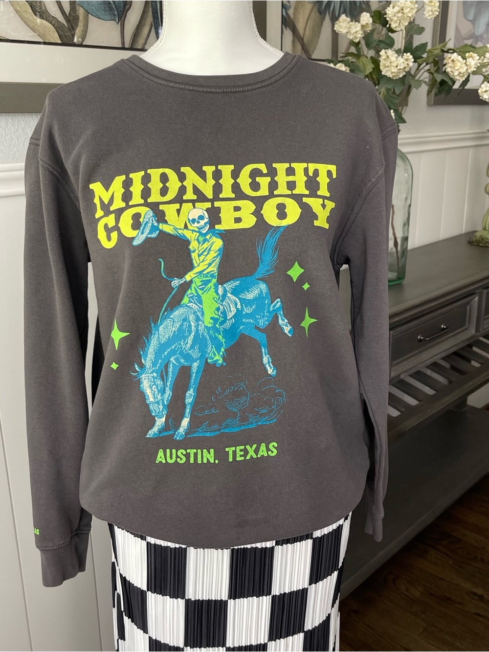 Midnight Cowboy Austin TX Graphic Sweatshirt - Gray with Neon Print